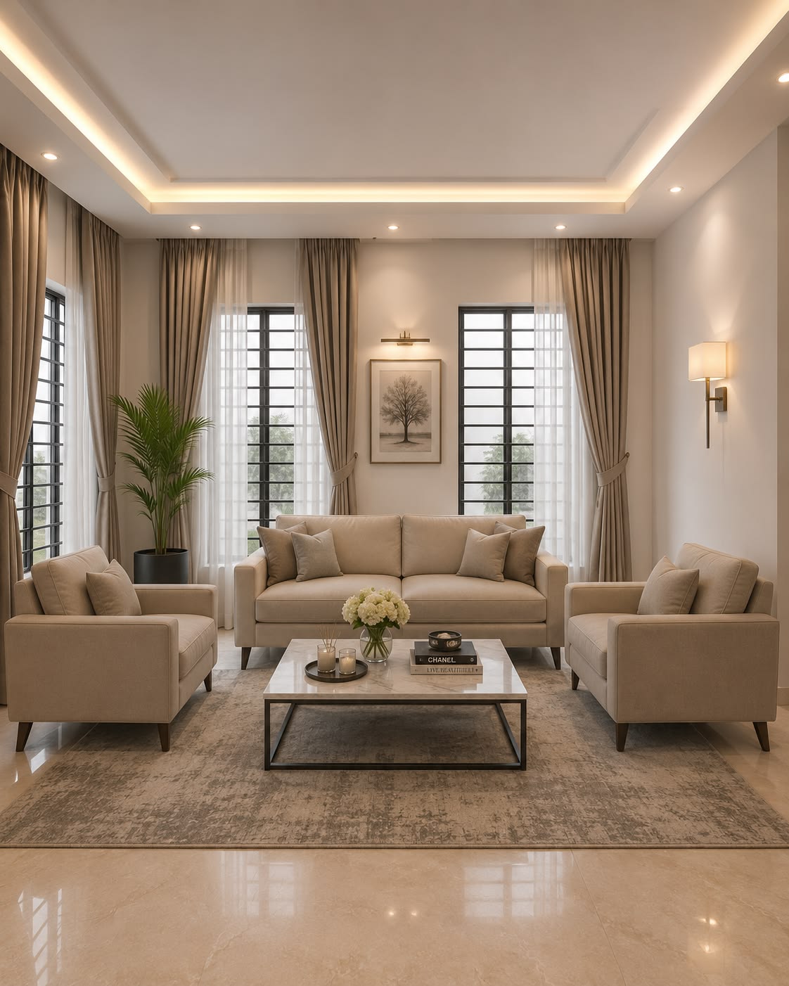 Contemporary Apartment Living Space with Acoustic Wood Paneling & Cove Ceiling #8